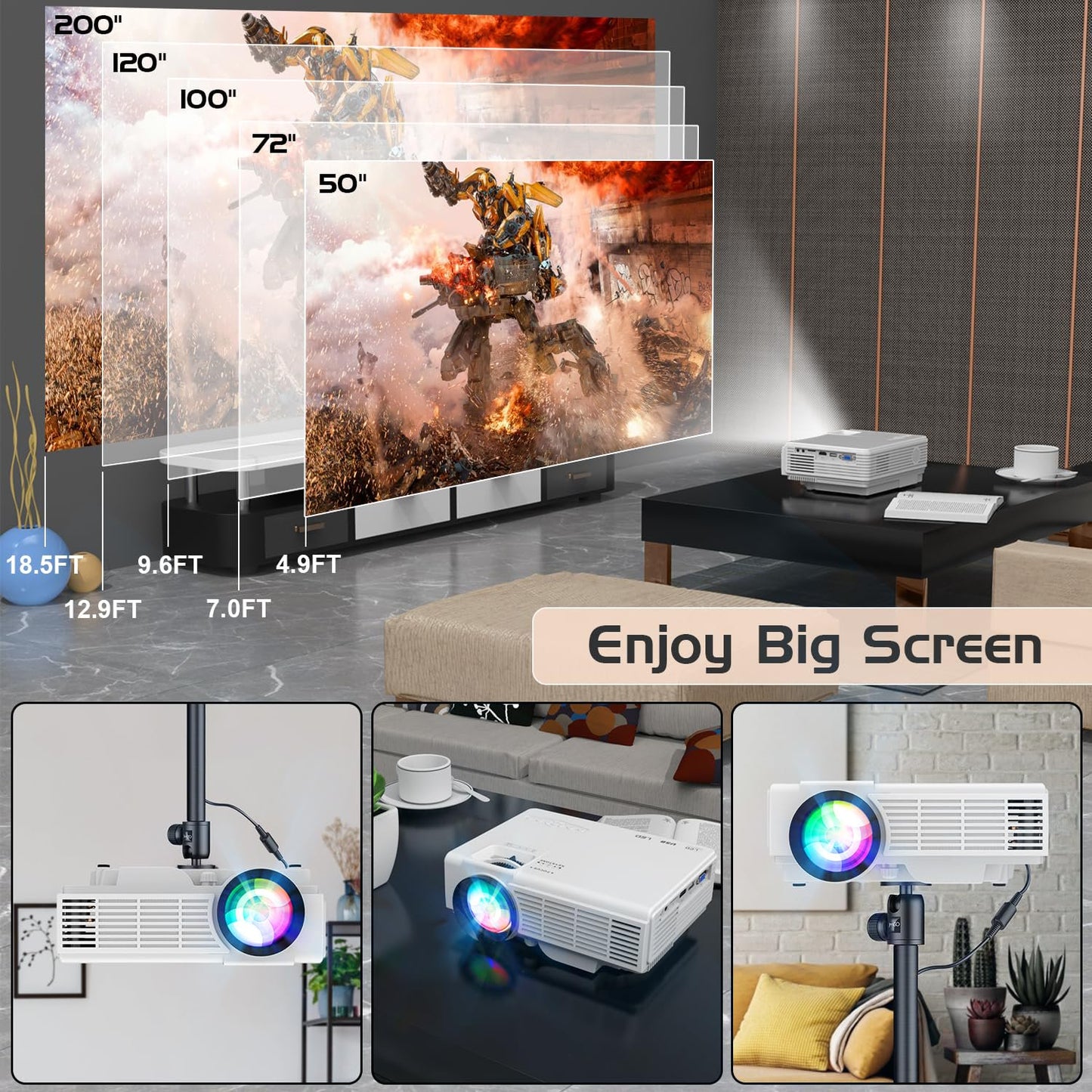 Updated Mini Projector with Bluetooth and Projector Screen, Full HD 1080P Portable Video Projector, Home Theater Movie Projector Compatible with HDMI,USB,AV,Laptop,Smartphone