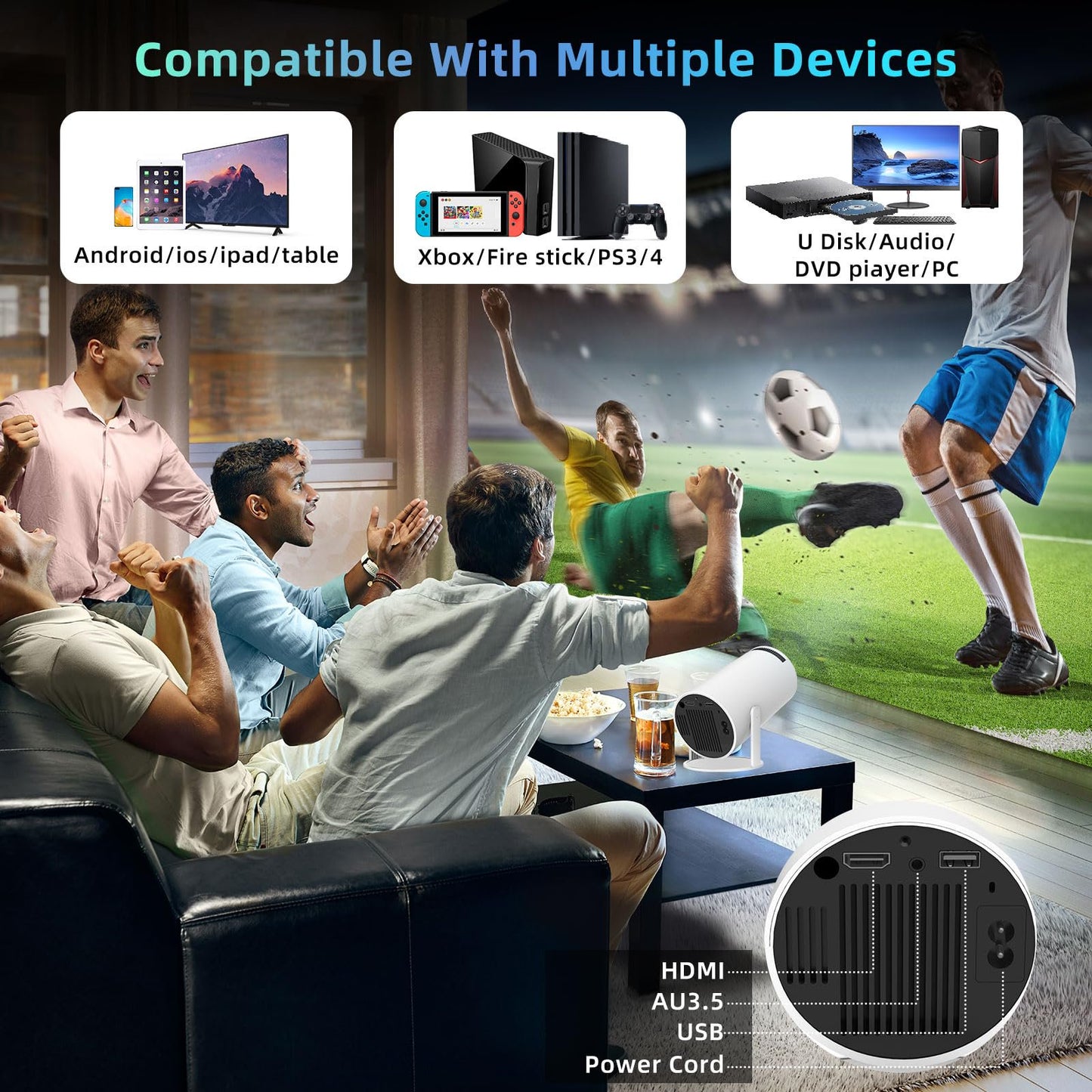 Portable Projector WiFi Bluetooth: Auto Keystone Mini projector for IOS Android Phone Laptop TV Stick HDMI USB