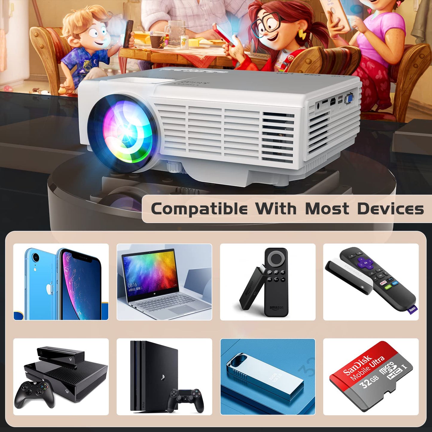Updated Mini Projector with Bluetooth and Projector Screen, Full HD 1080P Portable Video Projector, Home Theater Movie Projector Compatible with HDMI,USB,AV,Laptop,Smartphone
