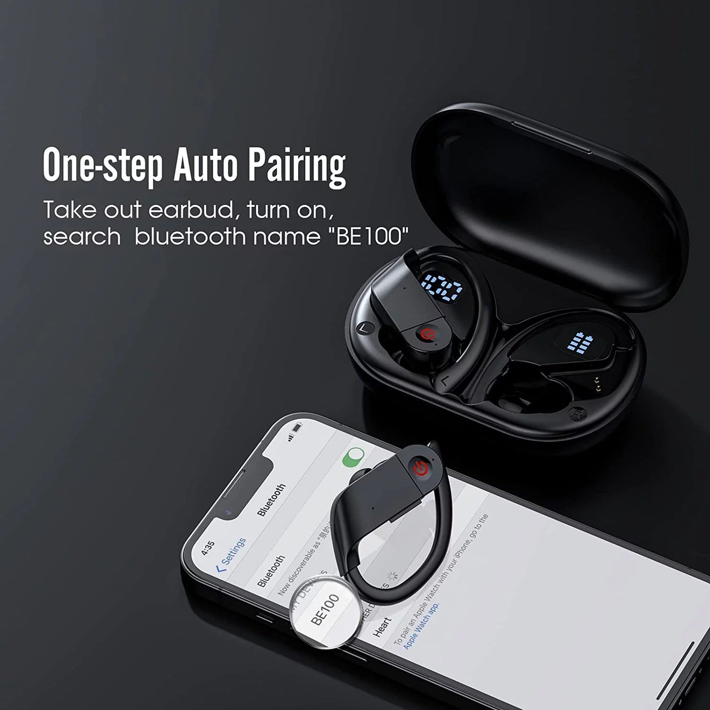 Bluetooth Earbuds Wireless Headphones Waterproof Earbud Noise-cancelling Sport Earphones with LED Display Charger Case Over-Ear Buds with Earhooks Built-in Mic Headset for Workout