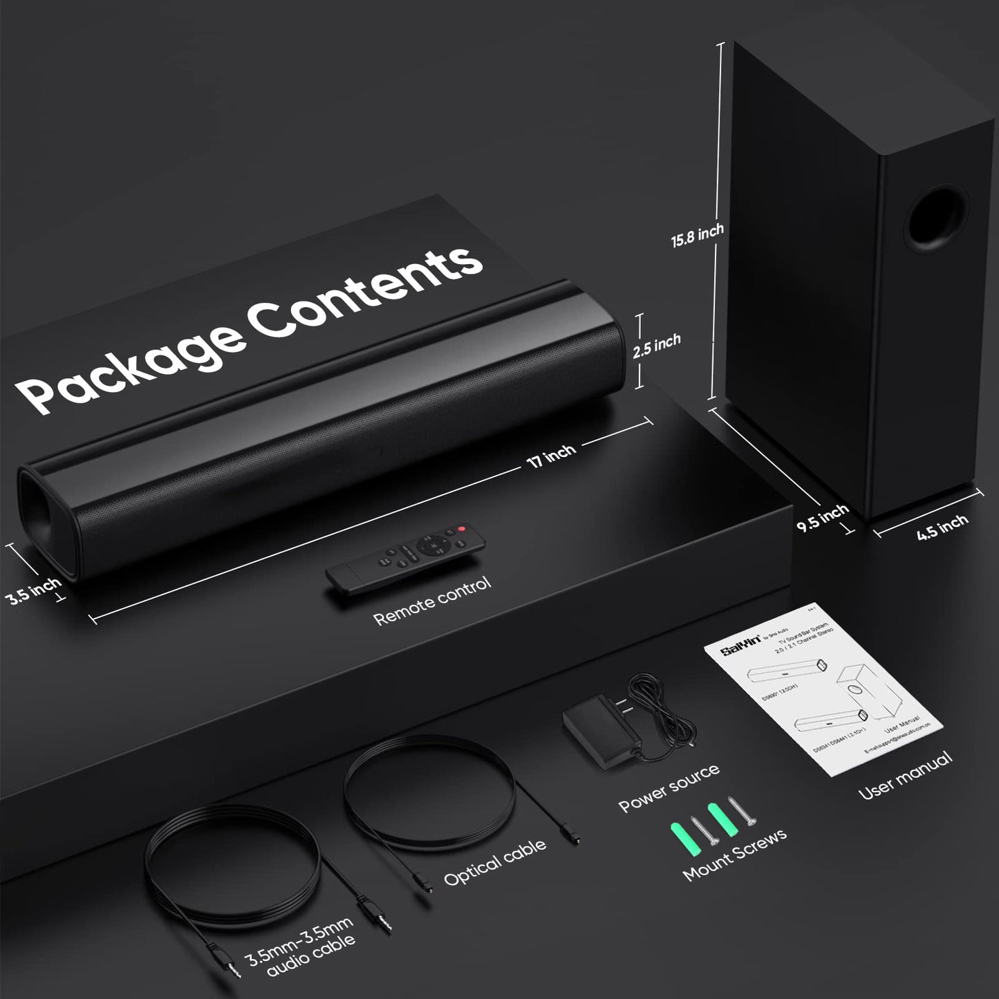 Sound Bars for TV with Subwoofer,2.1CH Soundbar for TV,PC,Gaming, Surround Sound System for TV with Bluetooth/Optical/AUX Connection,17 Inch, Wall Mountable